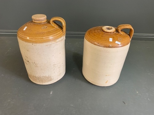 2 Antique Salt Glazed Flagons from Pobbil Pottery Glasgow - 1 Lid Missing