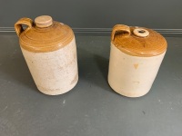 2 Antique Salt Glazed Flagons from Pobbil Pottery Glasgow - 1 Lid Missing - 3