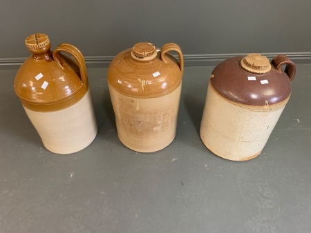 3 x Large Asstd Salt Glazed Stoneware Flagons - All App.2.5 Gallon