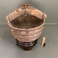 Unpolished Antique Manchurian Timber and Iron Well Bucket on Later Stand - Mid Qing Dynasty