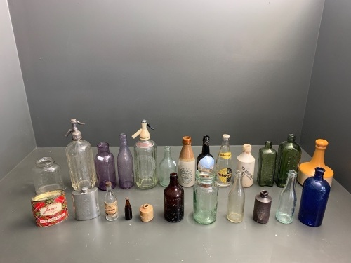 Asstd Box Lot of Glass and Stone Bottles, Syphons and Jars