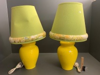 2 Large Yellow Crackle Glazed Lamps with Shades