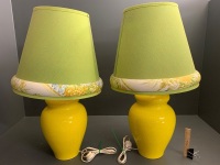 2 Large Yellow Crackle Glazed Lamps with Shades - 2