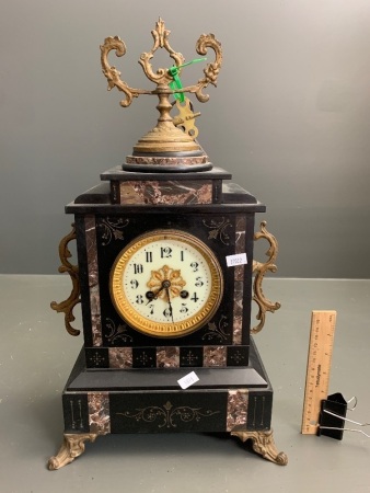 Antique French Slate and Marble Mantle Clock with Gilt Metal Fittings and Enamelled Dial in Nice Condition with Key