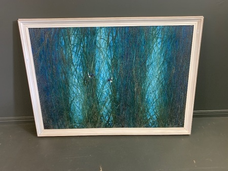 Richard Bogusz Large Framed Oil on Board Blue Wrens