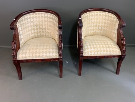 Pair of Swan Carved Upholstered Mahogany Tub Chairs