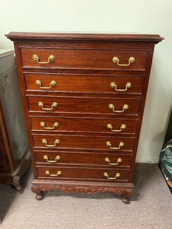 Quality Contemporary Flight of 7 Mahogany Drawers with Brass Fittings, Fielded Panel Sides and Carved Feet