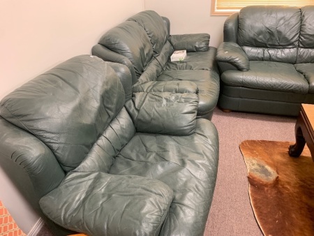 2 Seater Green Leather Sofa + 2 Matching Armchairs