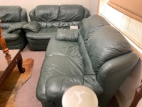 2 Seater Green Leather Sofa + 2 Matching Armchairs - 2