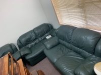 2 Seater Green Leather Sofa + 2 Matching Armchairs - 3