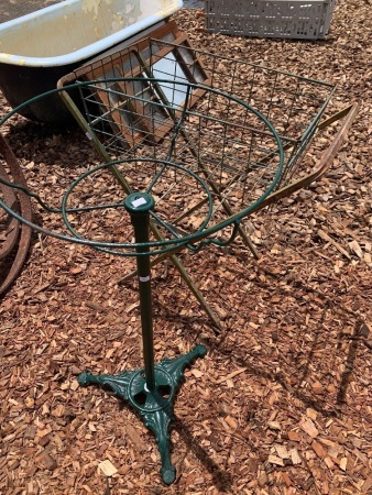 Green Cast Iron Base Plant Stand + Vintage Metal Basket on Stand