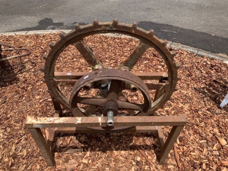 Vintage Cast Iron Flywheel and Gearwheel on Metal Stand