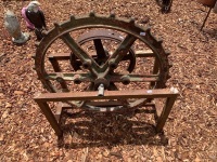 Vintage Cast Iron Flywheel and Gearwheel on Metal Stand - 2