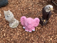 3 Concrete Garden Animals - Owl, Elephant and Eagle (chipped beak)