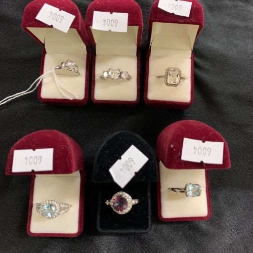 6 Sterling Silver Rings inc. 2 with Blue Topaz & White Sapphire and 1 Mystic Topaz