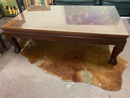 XL Chinese Rosewood Coffee Table with Scalloped Edge, Ball and Claw Feet and Glass Top