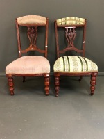 Pair of Upholstered Edwardian Bedroom Chairs in turned front legs with Original Casters