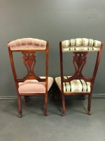 Pair of Upholstered Edwardian Bedroom Chairs in turned front legs with Original Casters - 3