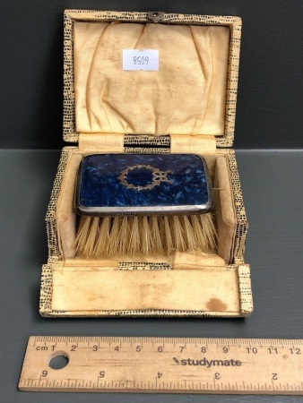 Antique Sterling Silver & Dyed Tortoiseshell Mini Brush in Leather Covered Box