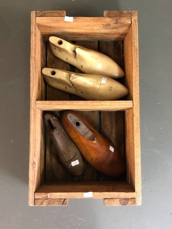 4 Asstd Vintage Shoe Lasts in Timber Crate