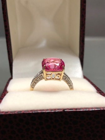 5.40CT Imperial Pink Topaz and 0.20CT Diamond 10KT Gold Ring