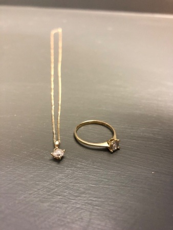 22 inch 0.5mm10KT Gold Rope Necklace with 0.25CT Diamond and 14KT Gold Pendant Plus 14KT Gold 0.33KT Diamond Solitaire Ring