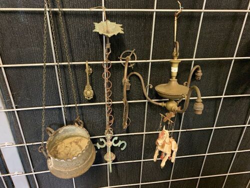 Asstd Lot of Brass Light Fittings, Metal Pot, Horse etc