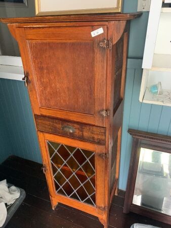 Antique Narrow Meat Safe with Drawer and Leadlight Door at Bottom