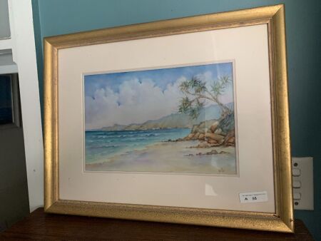 Framed Original Painting of Coastal Scene (on Ceramic Tile?) Signed Y.Ellis