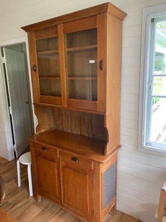 Antique Brown Pine Kitchen Hutch of Narrow Proportions with Glass Sliding Doors at Top