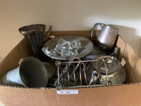 Box Lot of Silver Plated Items inc. Tea Set, Tankards, Toast Racks etc