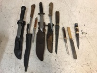 Box Lot of 9 Asstd Knives inc. Sheath Knives