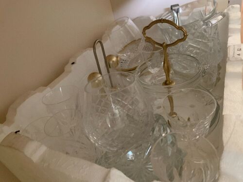 Asstd Lot of Glass and Crystal nicCruets, Ice Buckets, Wine Glasses Etc