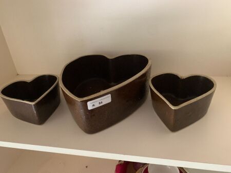 3 Heart Shaped Pottery Bowls