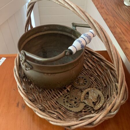 Vintage Brass Pot with Handle in Basket + Horse Brasses