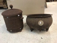 Vintage Round Metal Lidded Tin + Metal Pot