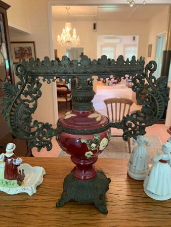 Antique Cast Metal and Pottery Kero Lamp - No Shade
