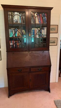 Lovely Antique Silky Oak Bureau Bookcase with Astral Glased Top and Fitted Interior over 2 Door Cupboard