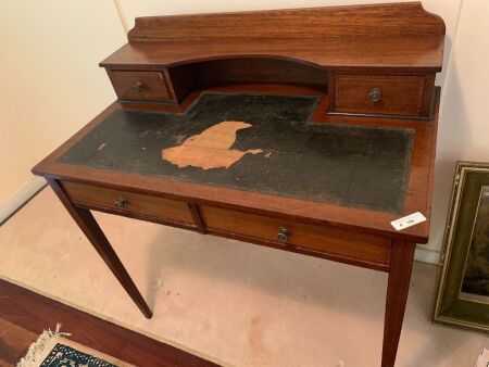 Edwardian Mahogany Ladies Writing Desk with Inlaid Stringing and Leather Top of Small Proportions - As Is