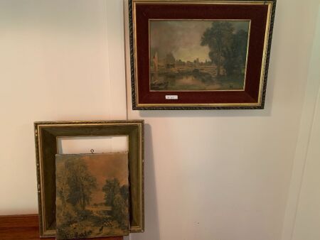 2 Antique Oleographs on Canvas in Gilt & Velour Frames
