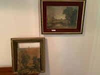 2 Antique Oleographs on Canvas in Gilt & Velour Frames