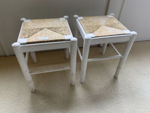 Pair of White Timber Rush Seated Stools