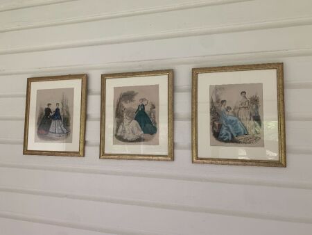 3 Framed Antique French Fashion Lithographs