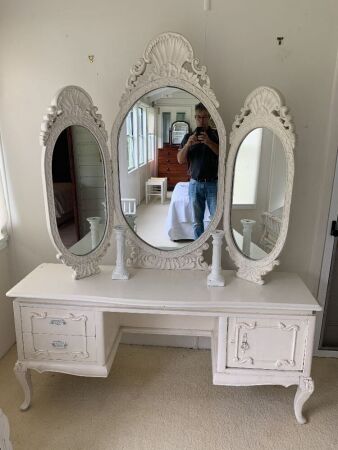 Unusual Shabby French Style Dressing Table with Large 3 Part Elaborate Mirror inc. C/Sticks