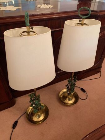 Pair of Tall Brass Lamps with Verdigris Floral Decoration and Shades
