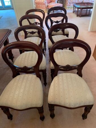 8 Vintage Red Cedar Balloon Back Dining Chairs with Upholstered Seats