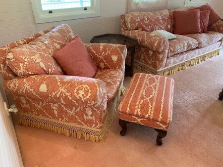 Quality 3 Seater + 1 Seater Armchair + Footstool - Some Restoration Needed