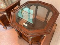 Pair of Contemporary Timber and Bevelled Glass Lamp Tables with Brass Fittings and Tray Under - 5