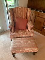 Studded Upholstered Wingback Armchair with Footstool - Some Wear - 4