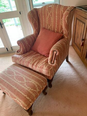 Studded Upholstered Wingback Armchair with Footstool - Some Wear
